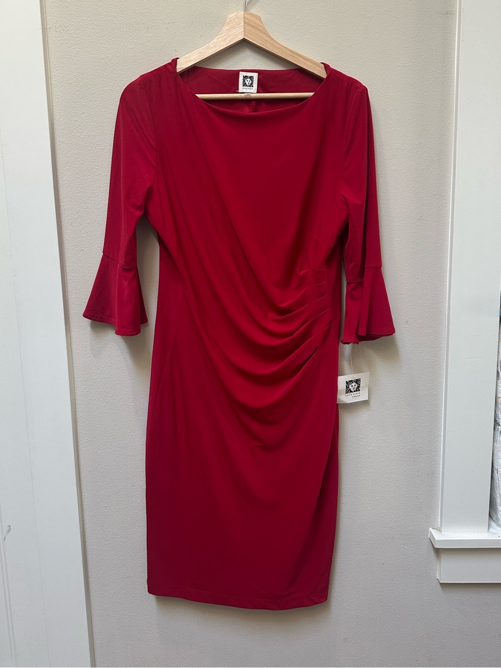 Anne Klein Red Ruched Sheath Dress with Bell Sleeves